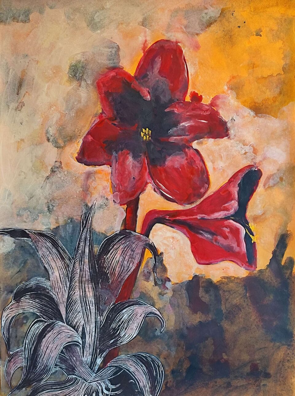 Amaryllis 1, 2022 Acrylique et gravure sur papier 50x70 cm