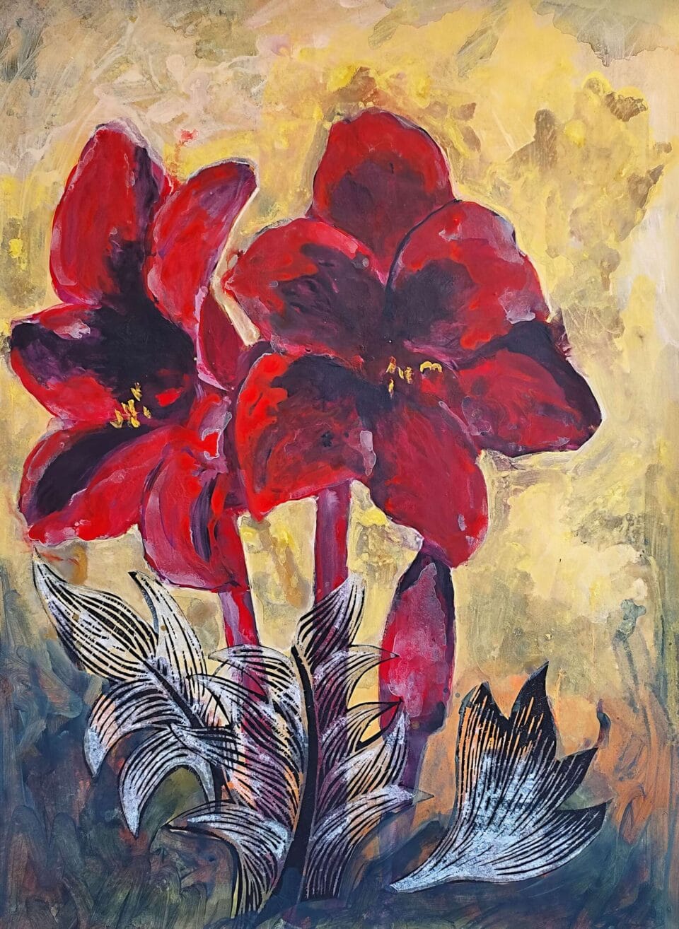 Amaryllis 3, 2022 Acrylique et gravure sur papier 50x70 cm Collection particulière