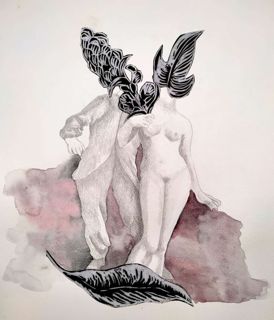 Double Je 2023 Graphite, gravure et aquarelle sur papier, 40x50 cm