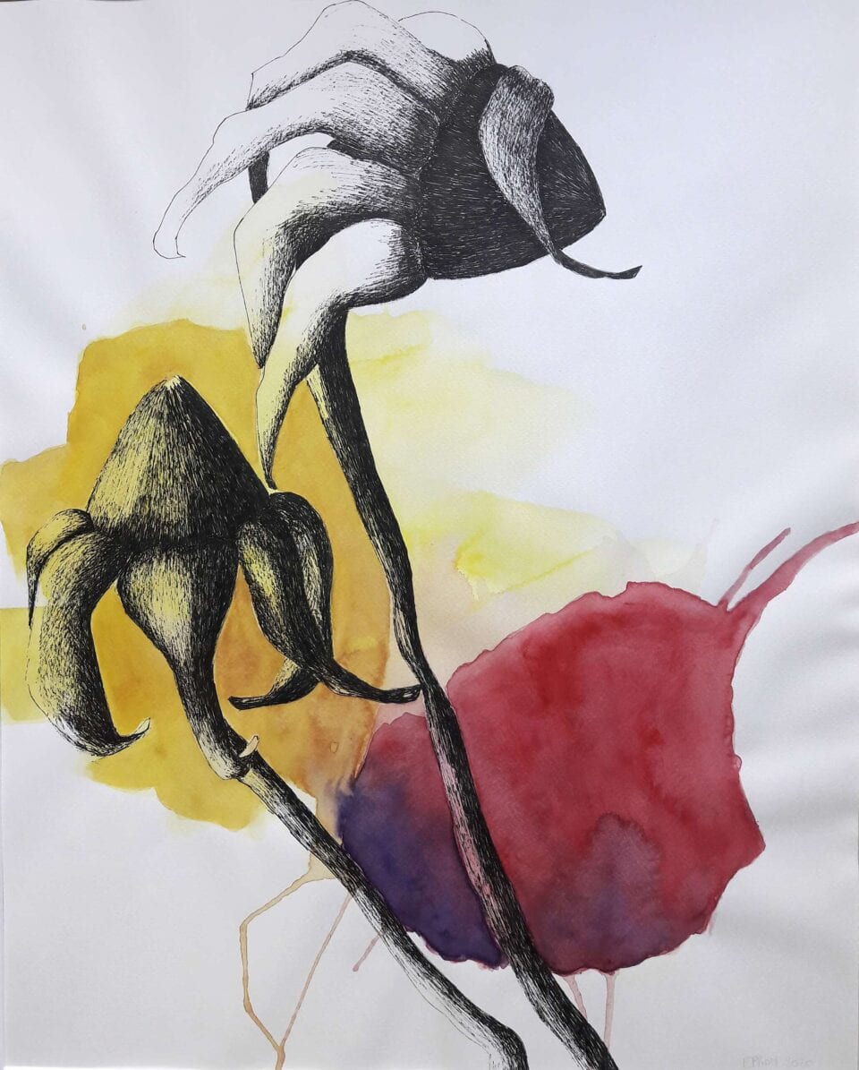 Grands tournesols Duos 2020, encre de chine et aquarelle sur papier, 50x65 cm 2