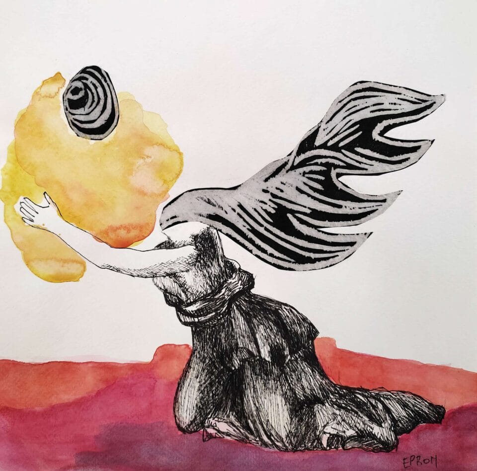 La tête en fleurs 2022, feutre noir, gravure et aquarelle sur papier, 30x30 cm 1