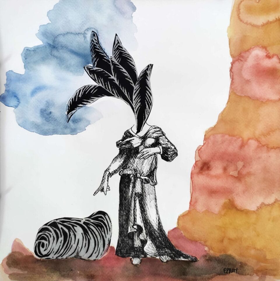 La tête en fleurs 2022, feutre noir, gravure et aquarelle sur papier, 30x30 cm 2