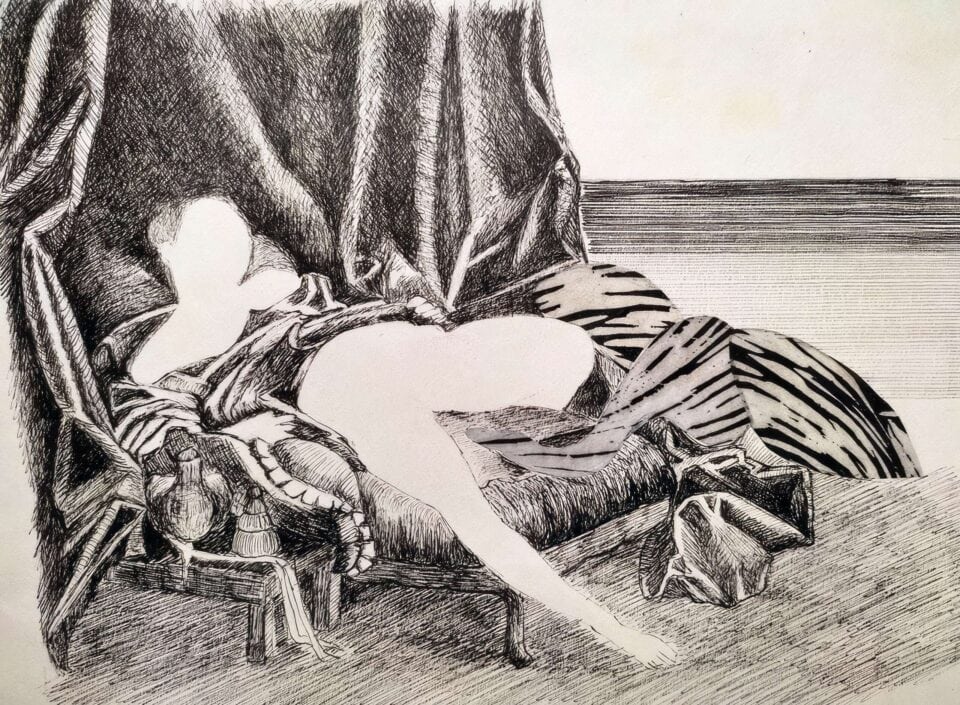 Léda, le cygne et Boucher 2022 Encre de chine et gravure sur papier, 24x30 cm