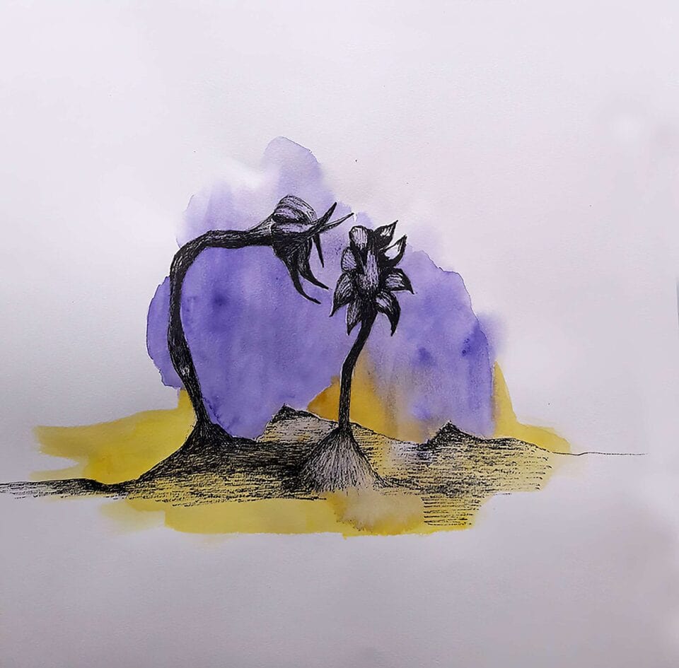 Petits tournesols 2020, encre de chine et aquarelle sur papier, 30x30 cm 2