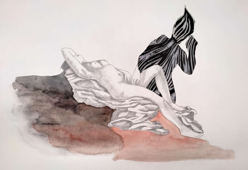 Rêve érotique, 2023 Graphite, gravure et aquarelle sur papier, 40x30 cm 2