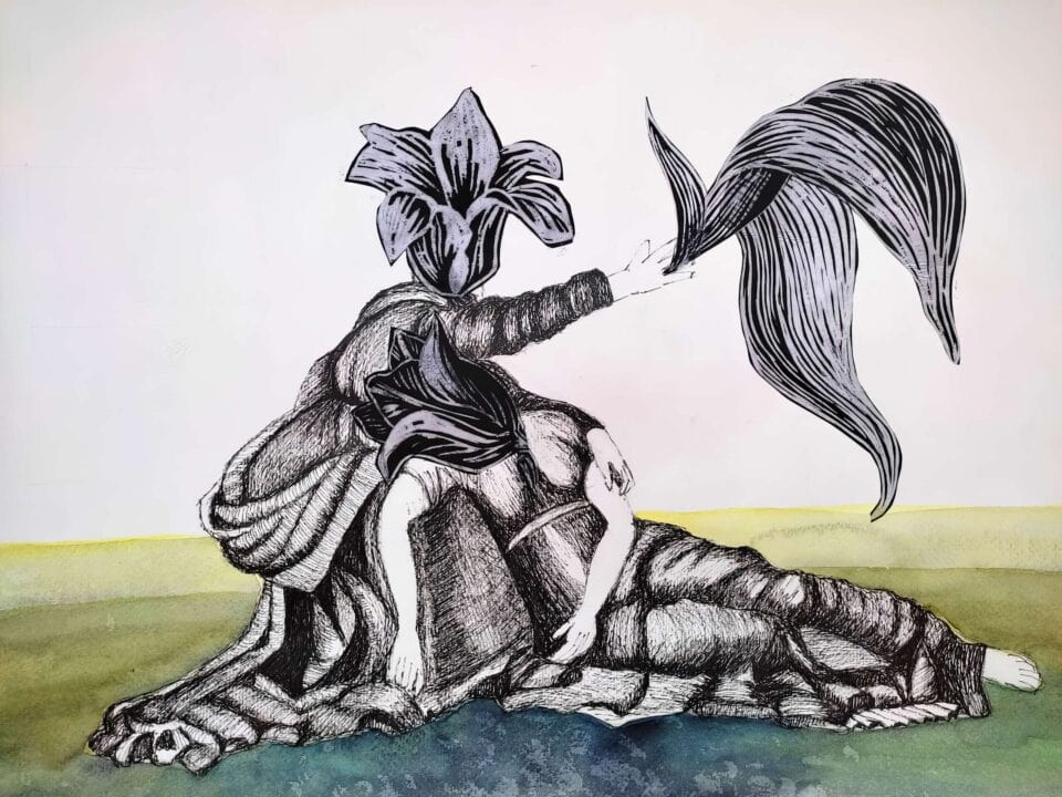 Série Métamorphoses 2023, Encre de chine, gravure et aquarelle sur papier, 30x42 cm collection particulière